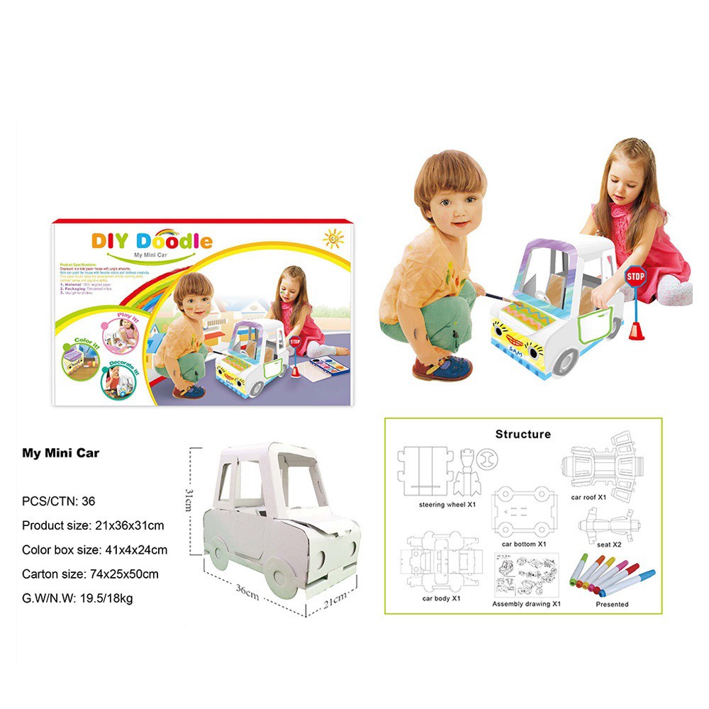 Mô hình ô tô bằng giấy cho bé tô màu BABY PLAZA Z005 tặng kèm bút - Họa tiết ngẫu nhiên