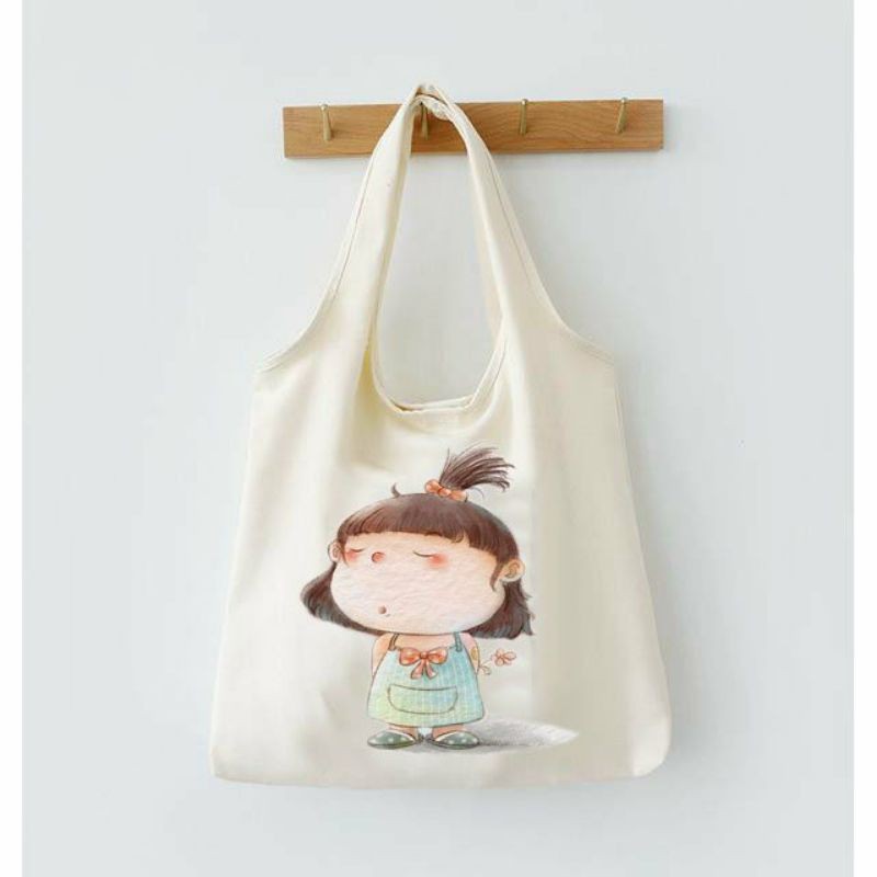 Túi Tote nữ quai liền vải Canvas mềm - in hình cô bé đáng yêu