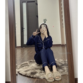Đồ ngủ pyjama lụa cao bộ dài tay xanh, đen ,Bộ ngủ lụa