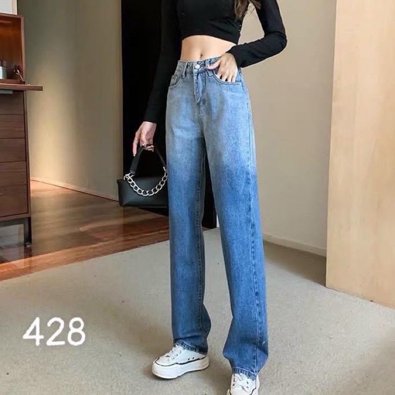 Quần jeans nữ loang màu ống rộng lưng cao, dáng suông hàng cao cấp