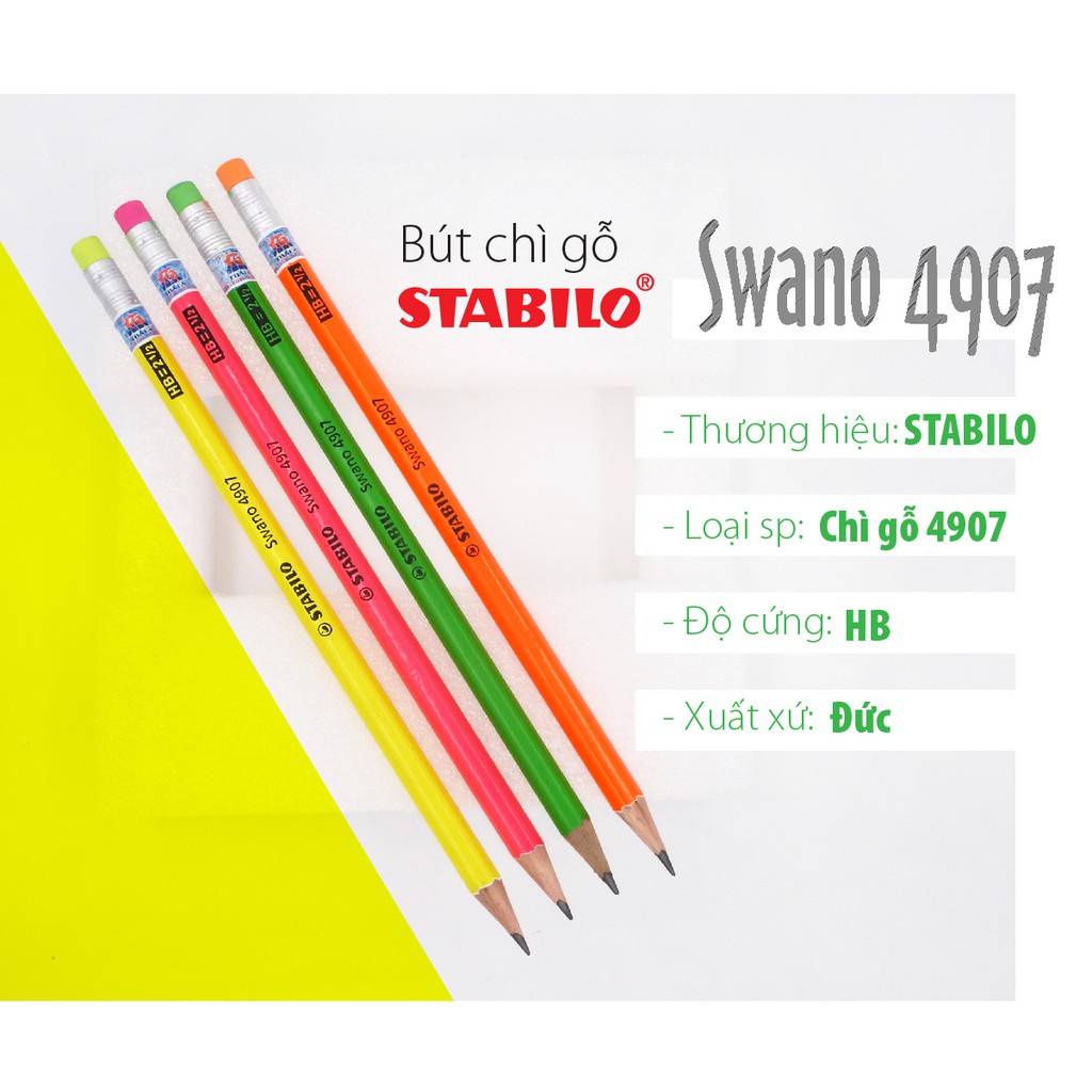 Bút chì Đức STABILO Swano 4907-HB màu neon có tẩy