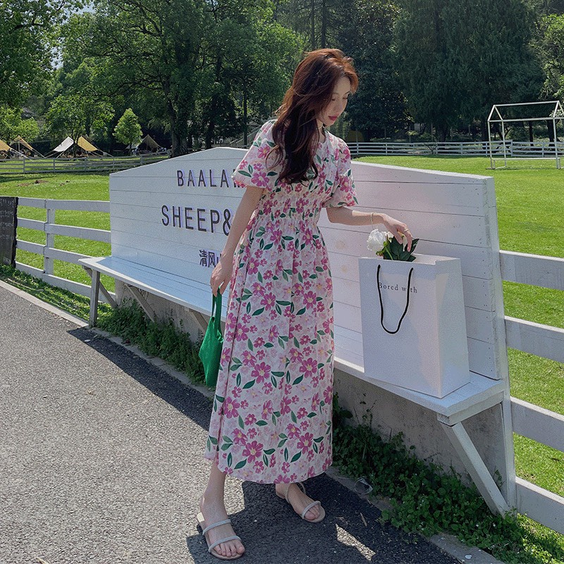 Váy hoa chun eo tay phồng, đầm hoa nhí vitage ảnh thật khách mặc