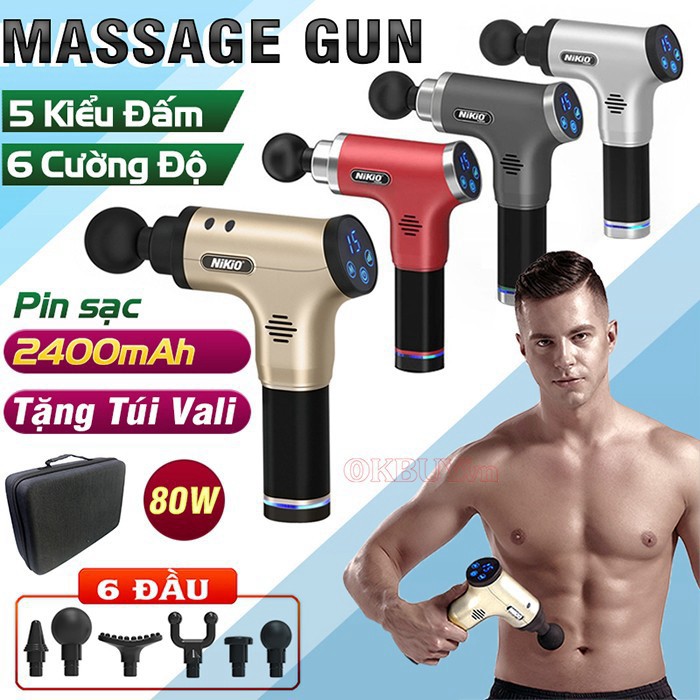 Máy massage cầm tay gun 6 chế độ, 4 đầu xoa bóp giảm đau cơ hiệu quả l Súng mát xa cầm tay không dây, tích điện dùng 5H