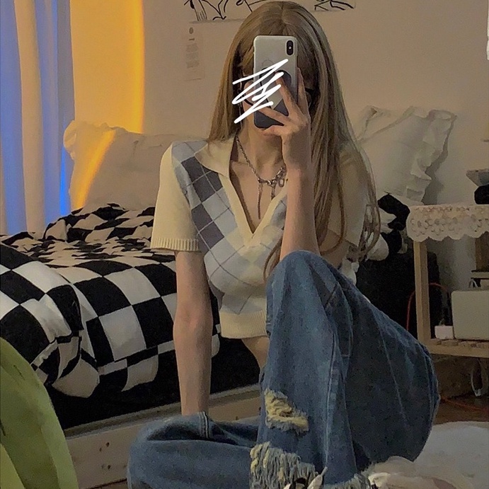 Áo Dệt Kim Ngắn Tay Lưng Cao Thời Trang Quyến Rũ