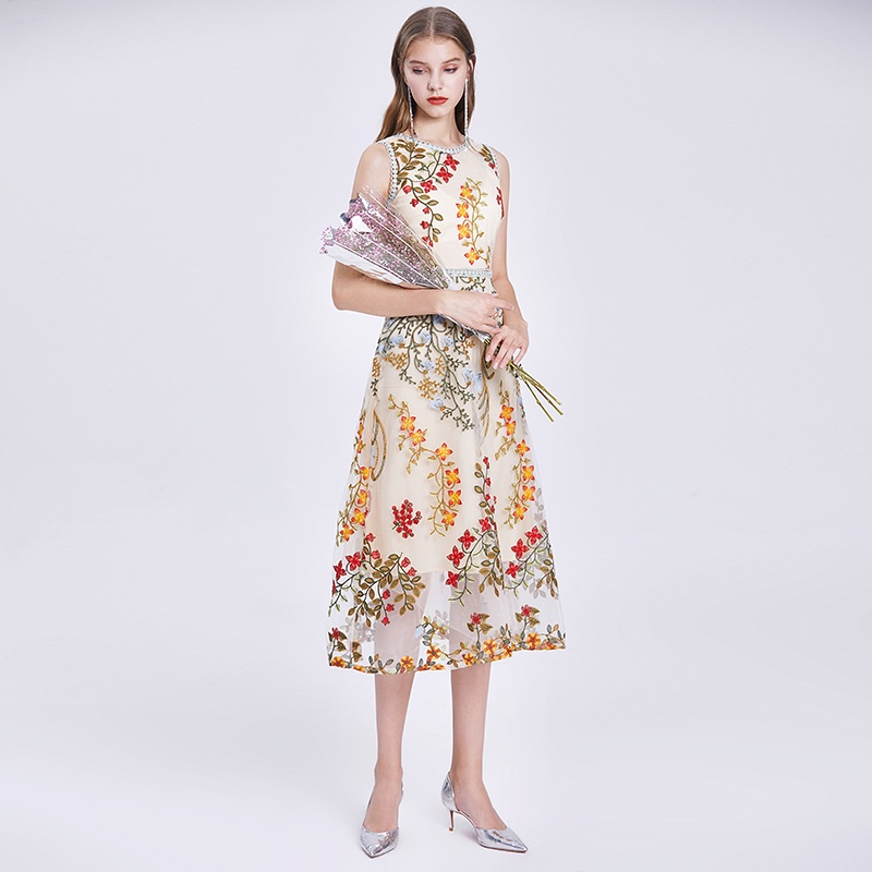 Đầm midi phối lưới thêu họa tiết thanh lịch chất lượng cao thời trang xuân hè cho nữ độc đáo