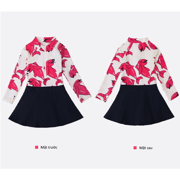 Đồ bơi bé gái liền thân chân váy Moma Song họa tiết Cá heo Hồng sen 907182