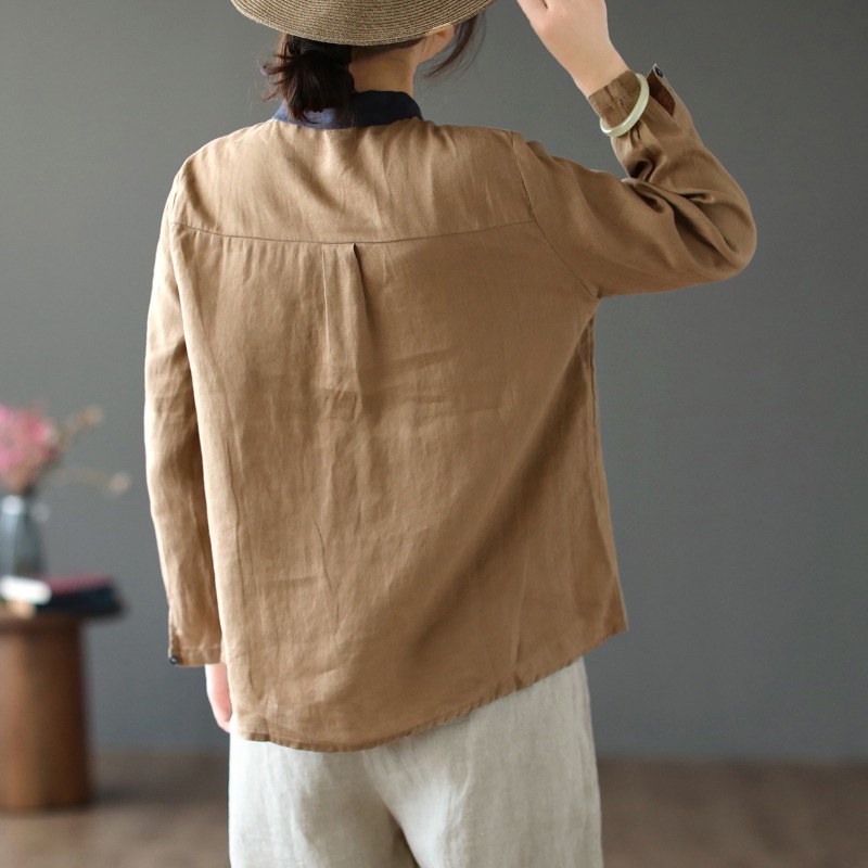 Áo kiểu bằng cotton lanh mát tay dài thời trang nữ