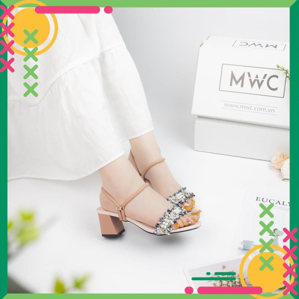 🌈FREESHIP🌈 Giày cao gót nữ quai ngang phối ren đế vuông MWC NUCG-3917