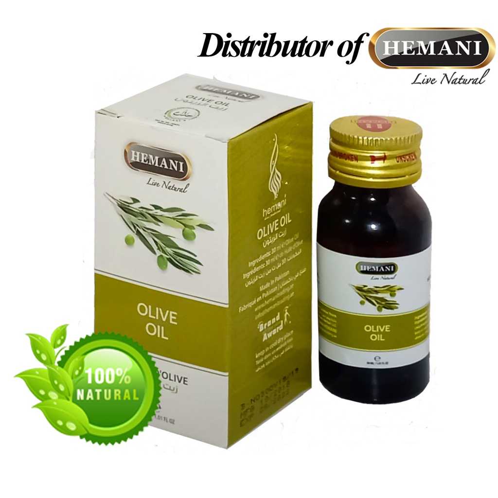 Dầu Olive nguyên chất Hemani Olive Oil 30 ml, ngăn rụng tóc và dưỡng ẩm cho da, môi, tóc