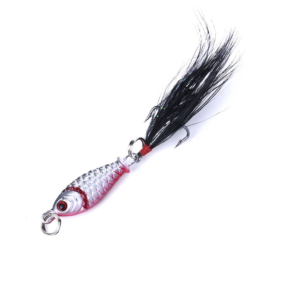 Hengjia 1 pcs  Mini Metal Fishing Jig Lure 3D Eyes Artificial Bait With Feather Hook Lead Jigs Fishing Lures 2.5cm 4g