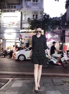 VÁY CỔ SƠ MI CHẤM BI ĐEN XOÈ CHẤT DÀY DẶN L1