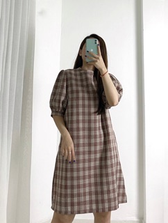 [Ảnh thật] Váy kẻ cổ cao tay bồng (be, nâu đỏ)_