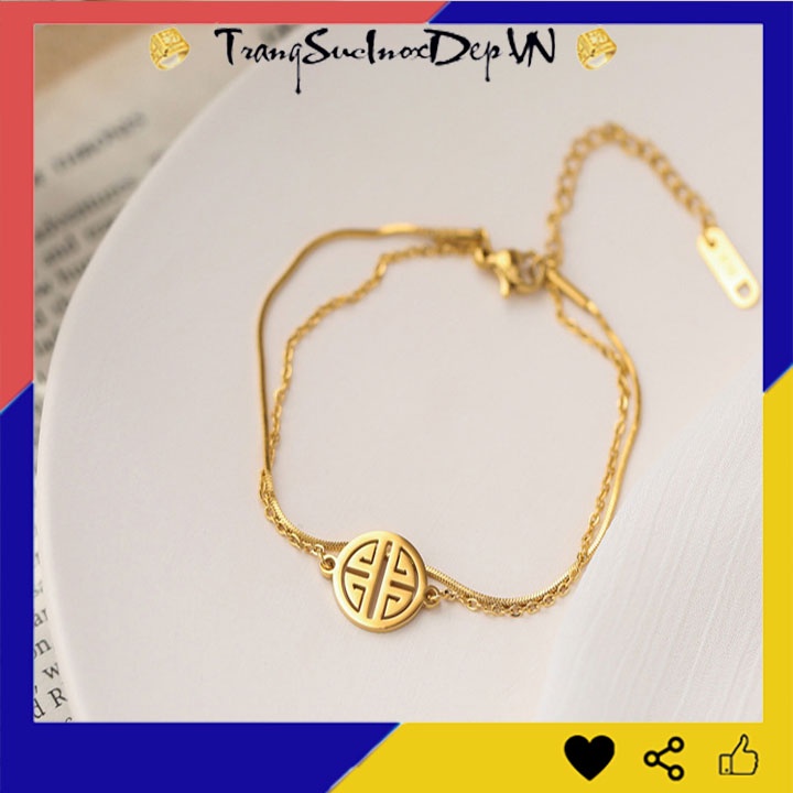 Lắc tay nữ titan 2 tầng chữ phước màu vàng sáng đẹp, bền màu, đem lại may mắn cho người đeo