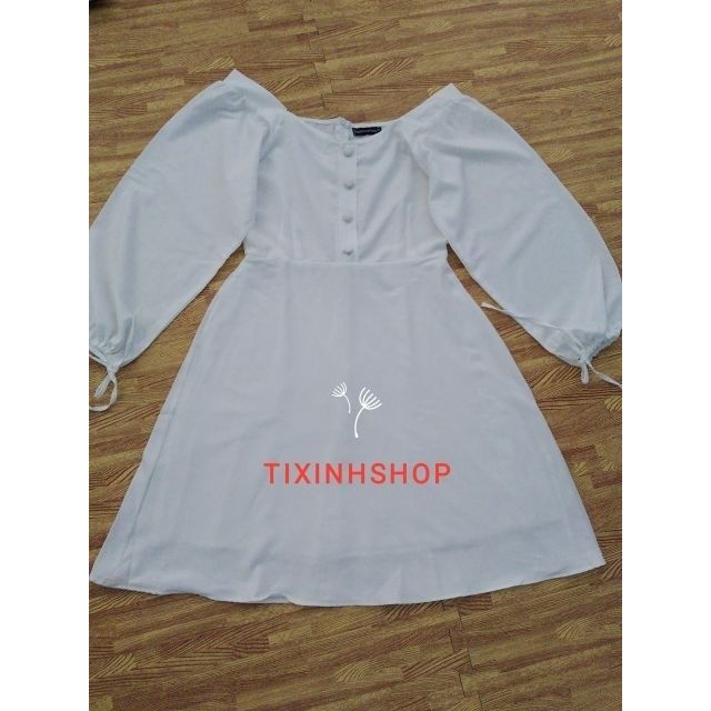 Đầm trắng cổ vuông tay phồng (có ảnh thật)