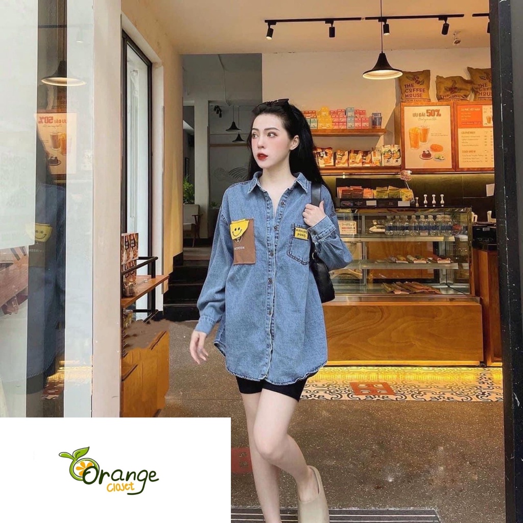 Áo sơ mi jean nữ có túi tay dài phối hình dễ thương. Áo sơ mi bò nữ tay dài Free size 45>>60kg OR26301 | BigBuy360 - bigbuy360.vn