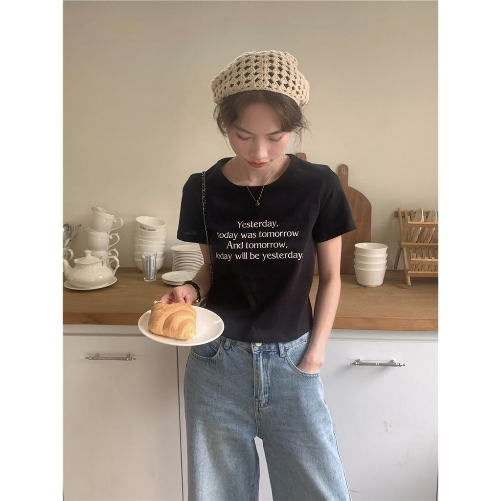 Áo Thun Cổ Tròn Ngắn Tay In Chữ Phong Cách Hàn Quốc 63506 2 Màu Cá Tính