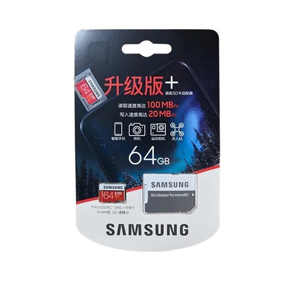 Thẻ nhớ MicroSDXC Samsung Evo Plus 64GB U1 2K R100MB/s W20MB/s - box Hoa New 2020 (Đỏ) + Kèm Adapter