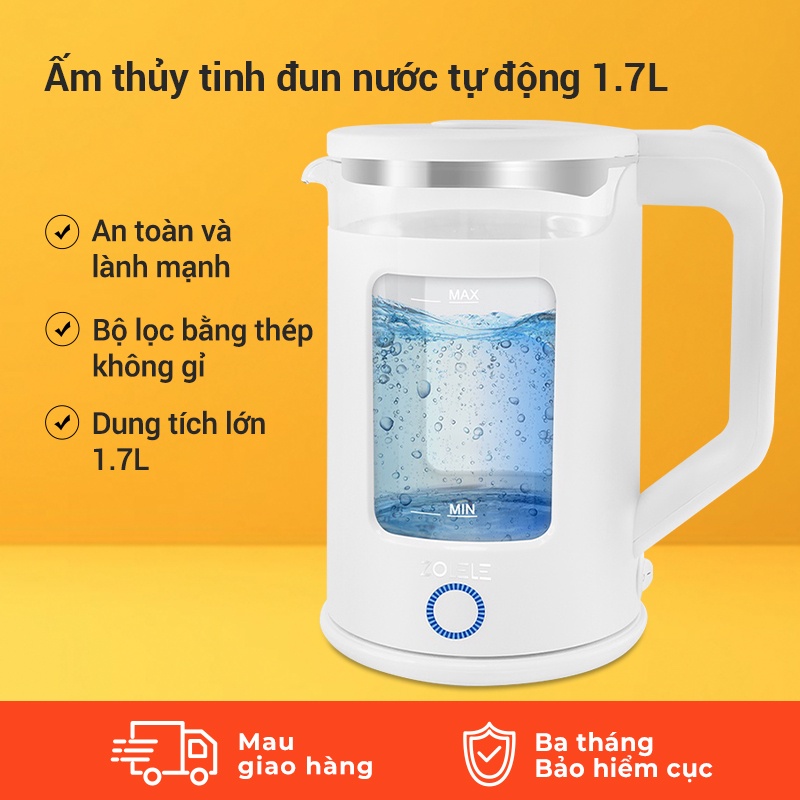 Ấm đun nước siêu tốc thủy tinh zolele ZH100 dung tích lớn 1.7L-1355W - Hàng chính hãng