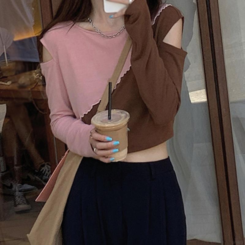 Áo thun tay dài khoét vai phong cách hàn quốc thời trang cá tính cho nữ