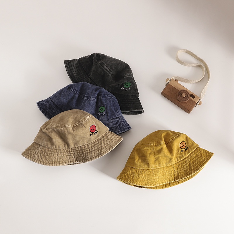 Mũ Tai Bèo Denim Chống Nắng Thêu Hình Mặt Cười Kiểu Retro Dễ Phối Đồ Cho Bé