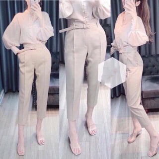 Quần baggi vải cạp cao kèm đai
