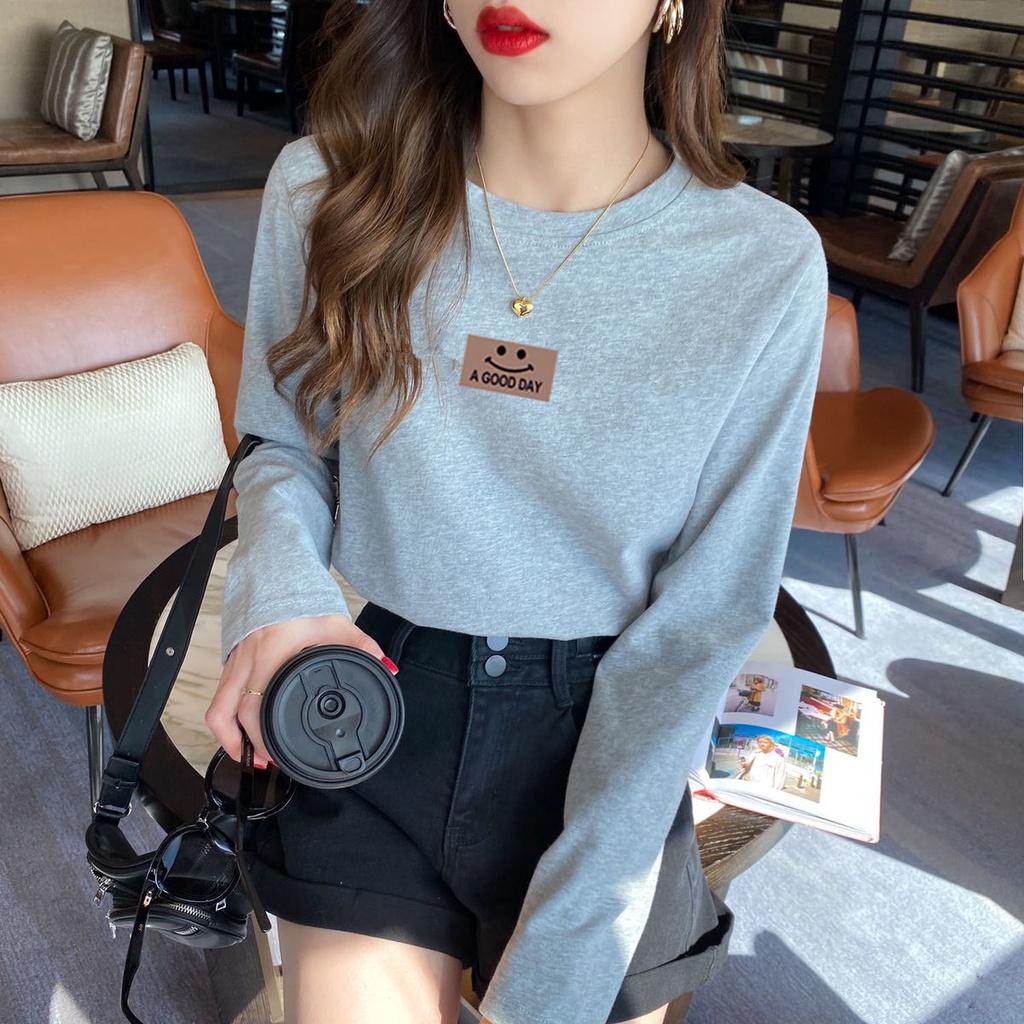 Áo Thun Cotton Tay Dài Cổ Tròn In Họa Tiết Phong Cách Hàn Quốc Thời Trang Xuân Thu Mới Cho Nữ