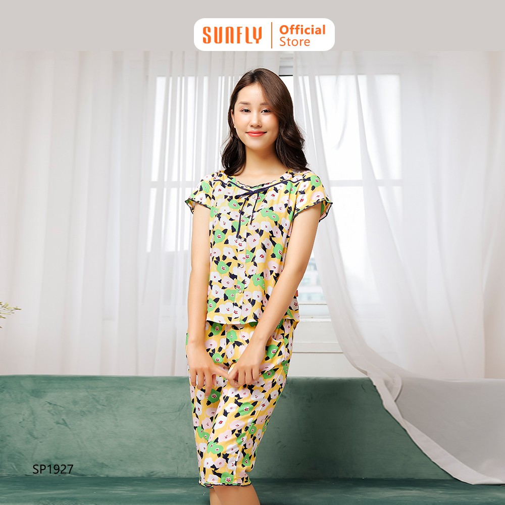 Đồ bộ mặc nhà lanh SUNFLY áo cộc quần ngố SP1927