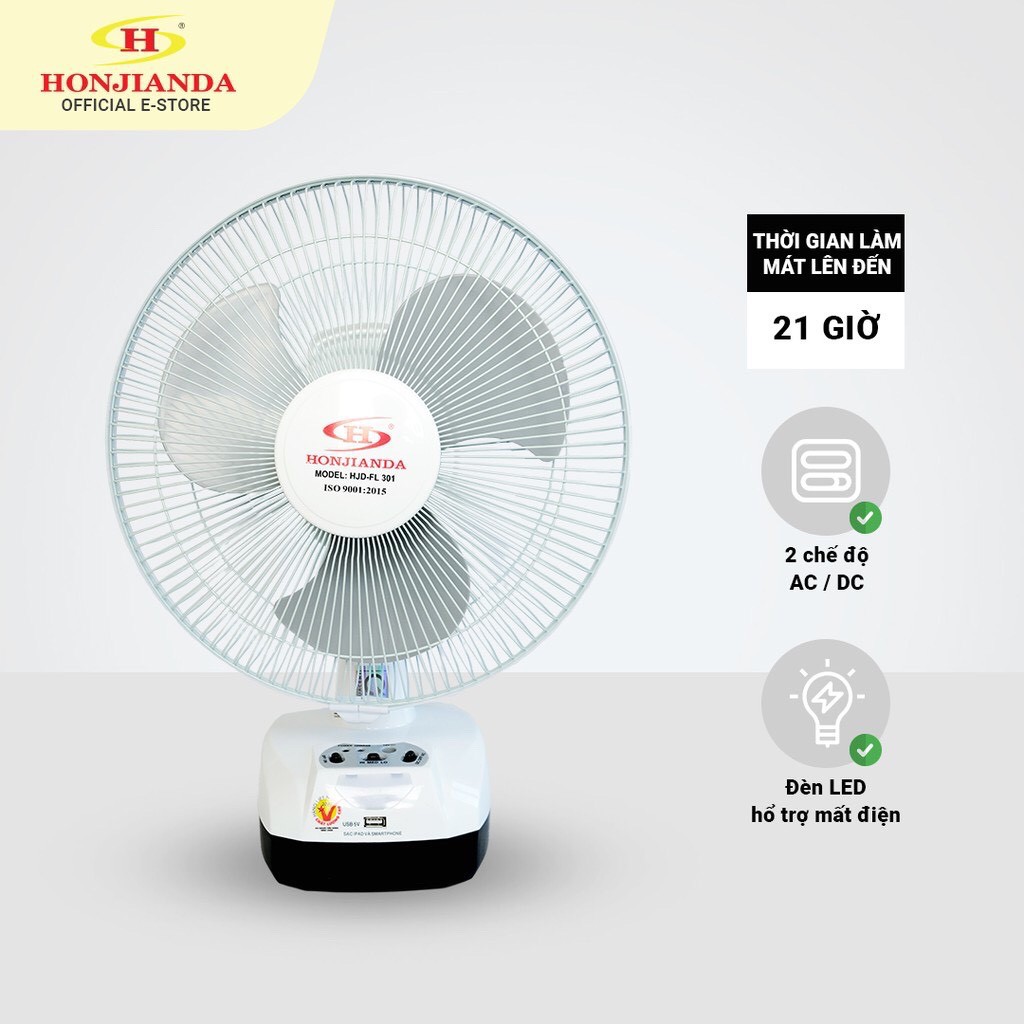 Quạt sạc tích điện để bàn AC&DC 12 inch Honjianda FL301 1/2b bình - có đèn ngủ LED & USB | BigBuy360 - bigbuy360.vn