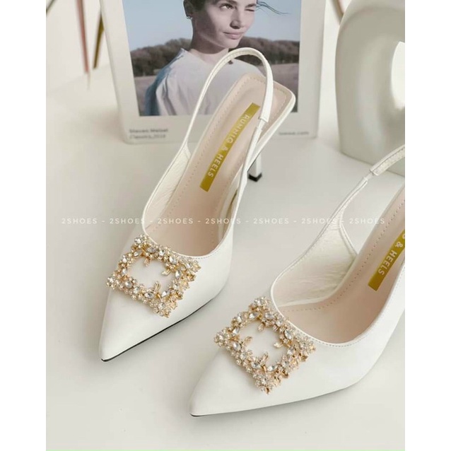 Guốc Nữ Hở Gót Mũi Nhọn Gắn Đá Siêu Xinh Cao 7cm Sang Chảnh