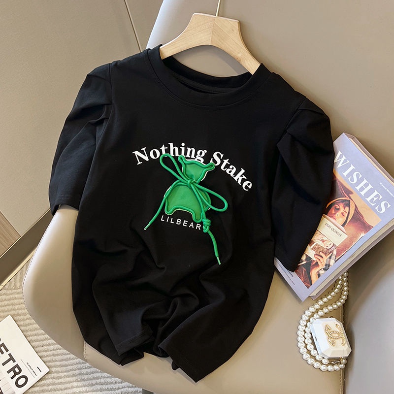 Áo Thun Tay Ngắn Phồng In Họa Tiết Sáng Tạo Thời Trang Cho Nữ