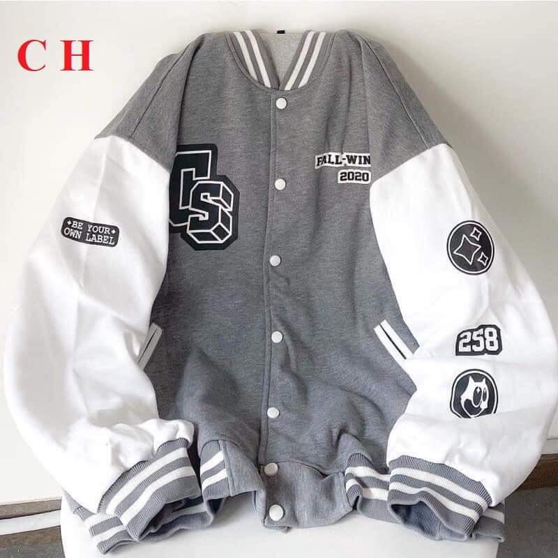 Áo Bomber tàn phối CS☘️ Chất nỉ da cá tàu dầy đẹp mịn ko xù, màu xám phối trắngKhoác nam nữ Unisex thu đông Trend 2021