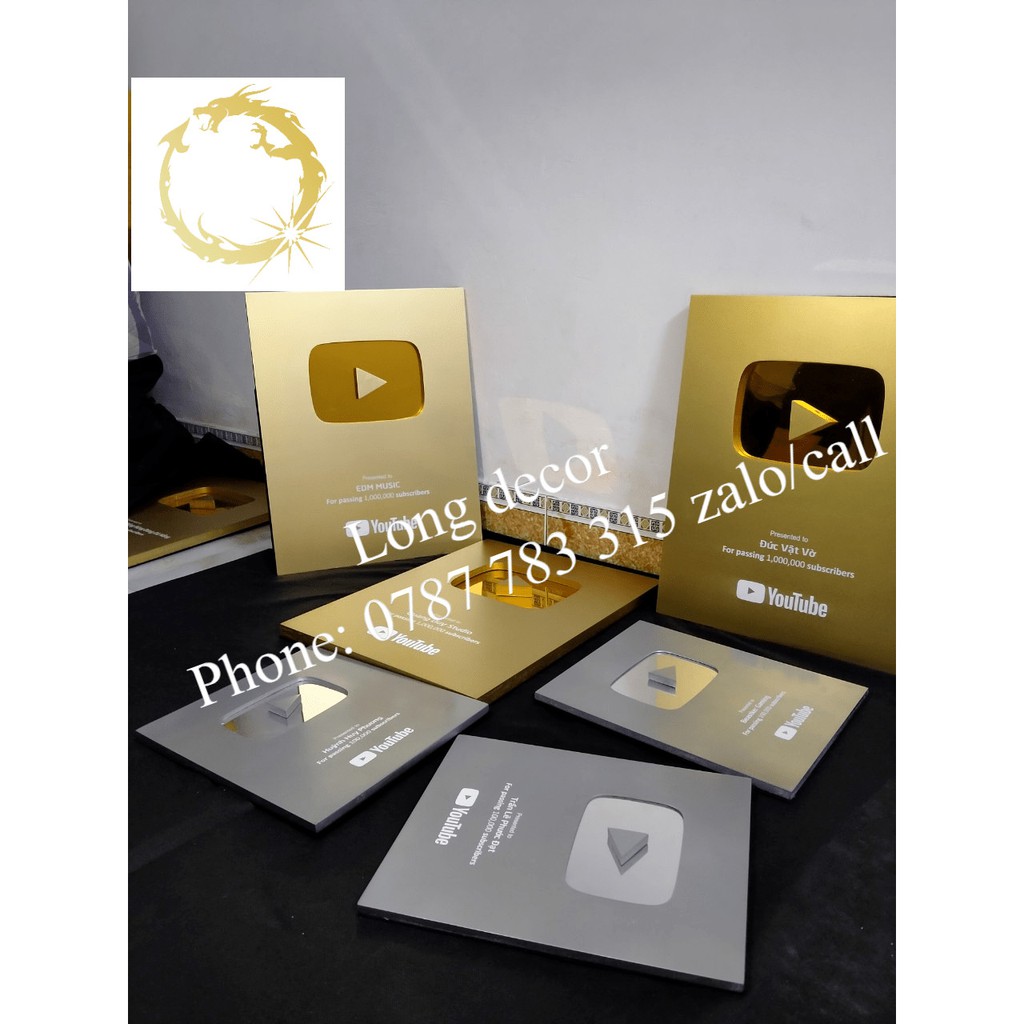 Combo Nút Play vàng , bạc Youtube làm bằng alu gương vàng , bạc theo yêu cầu , dành cho youtuber [Long Decor]