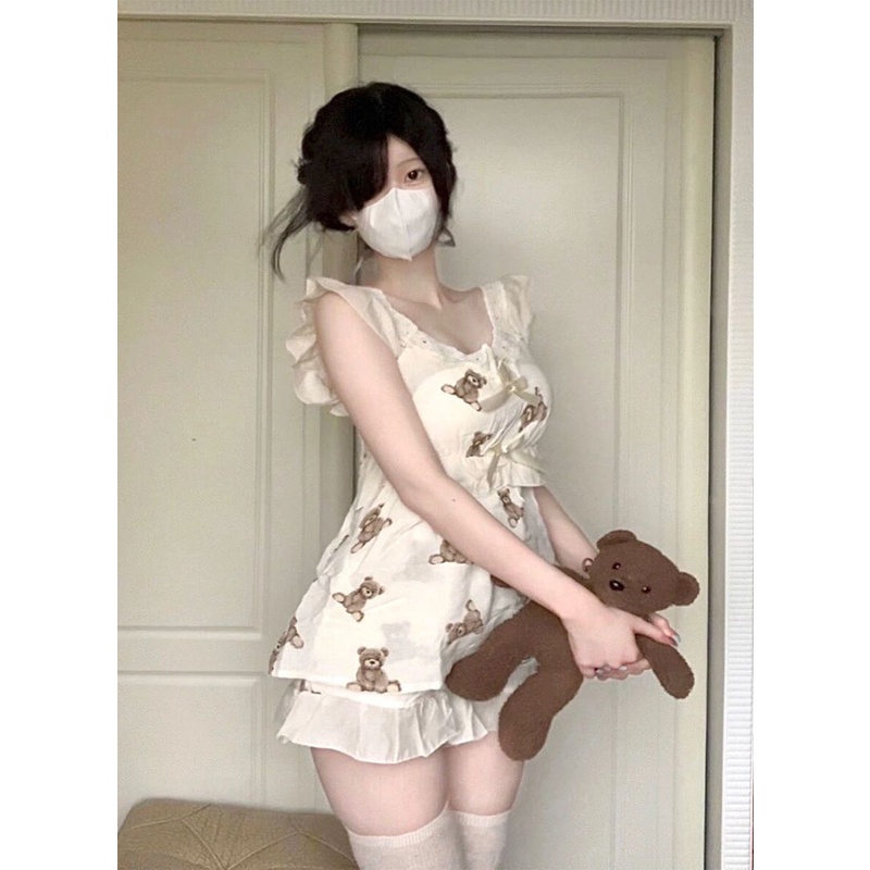 Bộ Đồ Ngủ Hai Dây Mềm Mại In Họa Tiết Gấu Nhật Bản Dễ Thương Thời Trang Mùa Hè Cho Nữ