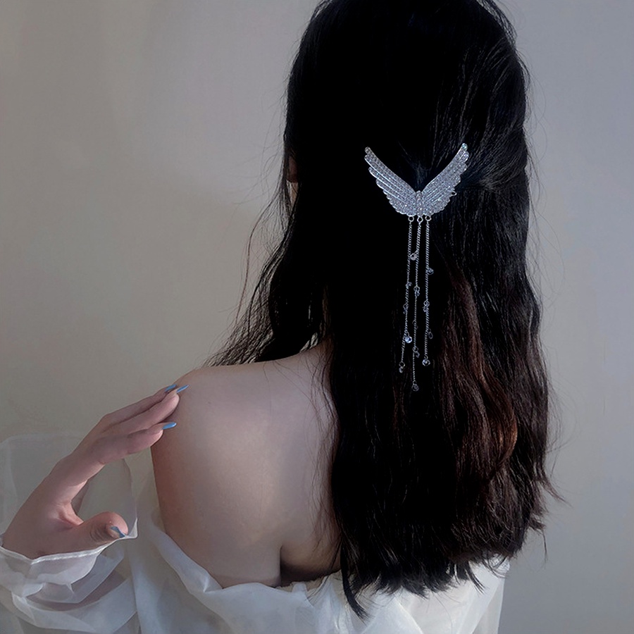Kẹp tóc hình cánh thiên thần đính kim cương giả phối tua rua thời trang dành cho nữ