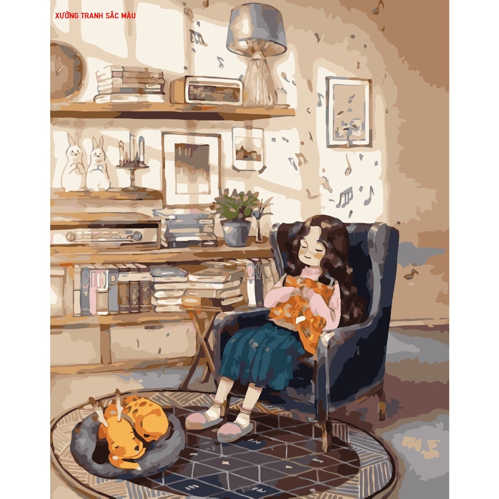 Tranh sơn dầu số hoá cô gái tóc xù độc thân Aeppol có căng khung 40x50cm ĐỦ PHỤ KIỆN