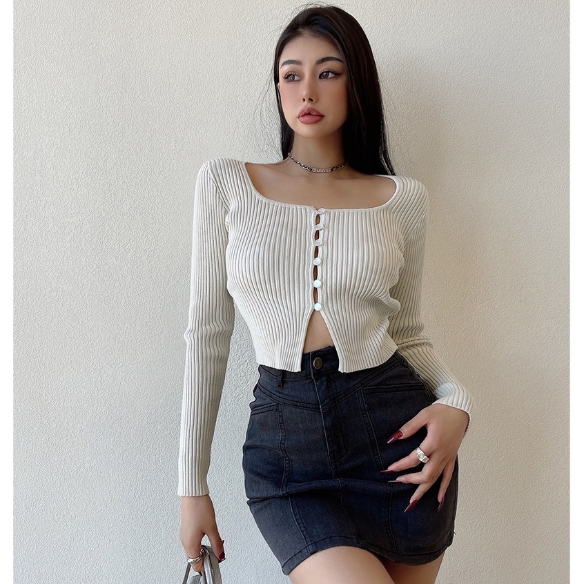 QKOOLE  Áo croptop Dệt Kim Dáng Ôm Phong Cách Hàn Quốc Cổ Điển Thời Trang Cho Nữ áo khoác