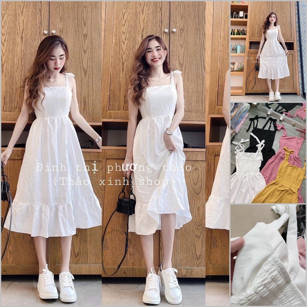 Đầm đũi hai dây cột nơ vai