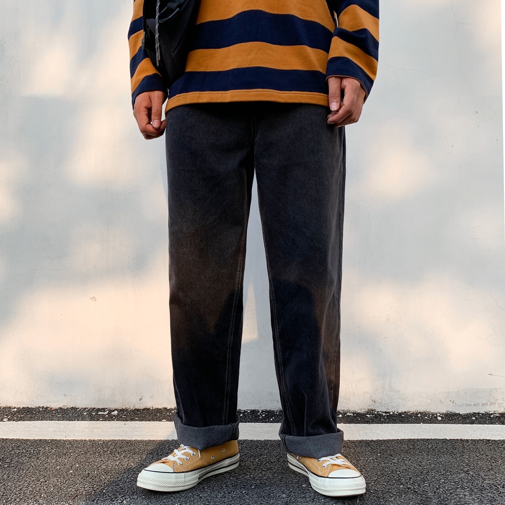Quần denim ống rộng màu trơn thời trang mùa thu Nhật Bản cho nam size S-5XL