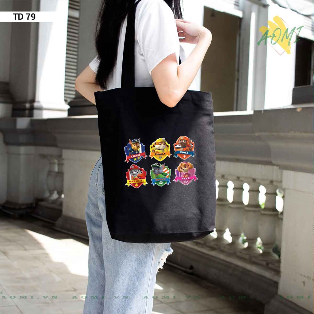 TOTE CANVAS đội chó cứu hộ trẻ em TÚI VẢI ĐEO VAI BAG CÓ KHÓA KÉO SIZE LỚN 33x38cm AOMIVN DU LỊCH DẠO PHỐ