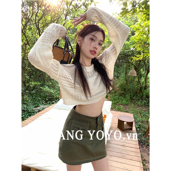 HUANG YOYO  Áo Len Nữ Ngắn Tay Cổ Tròn Thời Trang Hàn