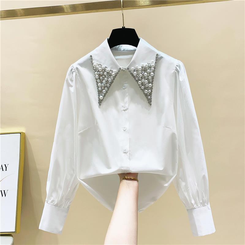 Áo Sơ Mi Trắng Cổ Búp Bê Đính Đá Thời Trang Xuân Thu Cho Nữ