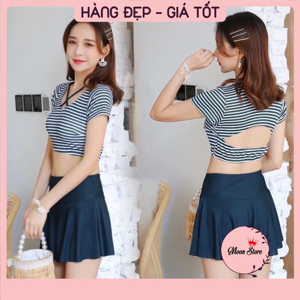 Bộ đồ bơi, bộ tắm đi biển bikini 2 mảnh áo croptop cộc tay và chân váy 5805
