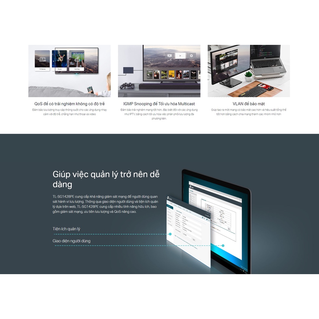 Bộ chia mạng POE thông minh TP-LINK TL-SG1428PE 28 Port Gigabit 24 Port PoE+ công suất 250W tính năng Vlan