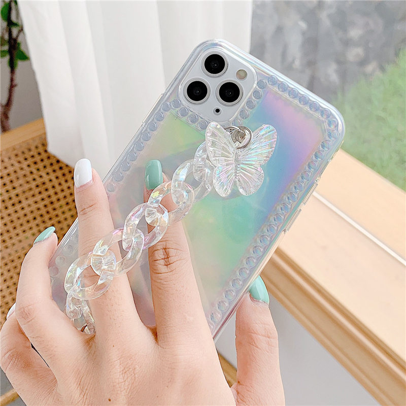 Ốp điện thoại mềm màu laser phối bươm bướm có dây đeo cho iPhone SE2 11 Pro MAX XS XR 7 8 Plus | BigBuy360 - bigbuy360.vn