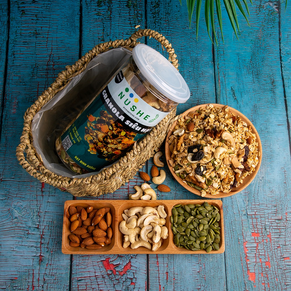 Granola Siêu Hạt, Nushe Food, Giảm Cân, Ăn Vặt, 10% yến mạch, 500gr, ăn kiêng, tăng cân