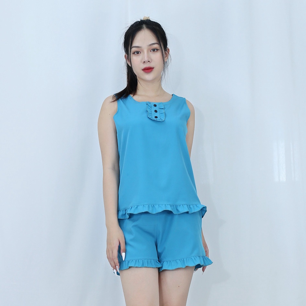[HÌNH THẬT 100%]  Bộ đồ bộ ngắn  SÁT NÁCH BÈO XANH NÚT ĐEN  - vải lụa ao cấp  - Mềm mại nhẹ