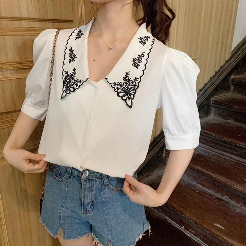 SUXI Áo tay ngắn thêu hoa phong cách vintage cho nữ