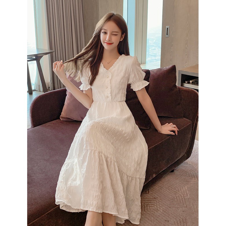 [VD063] Váy midi trắng cổ chữ V (có ảnh thật)
