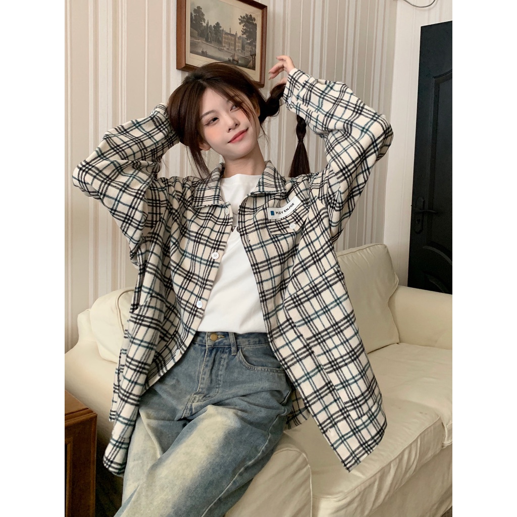 Áo Sơ Mi Caro Tay Dài Dáng Rộng Phong Cách Hàn Quốc Cho Nữ