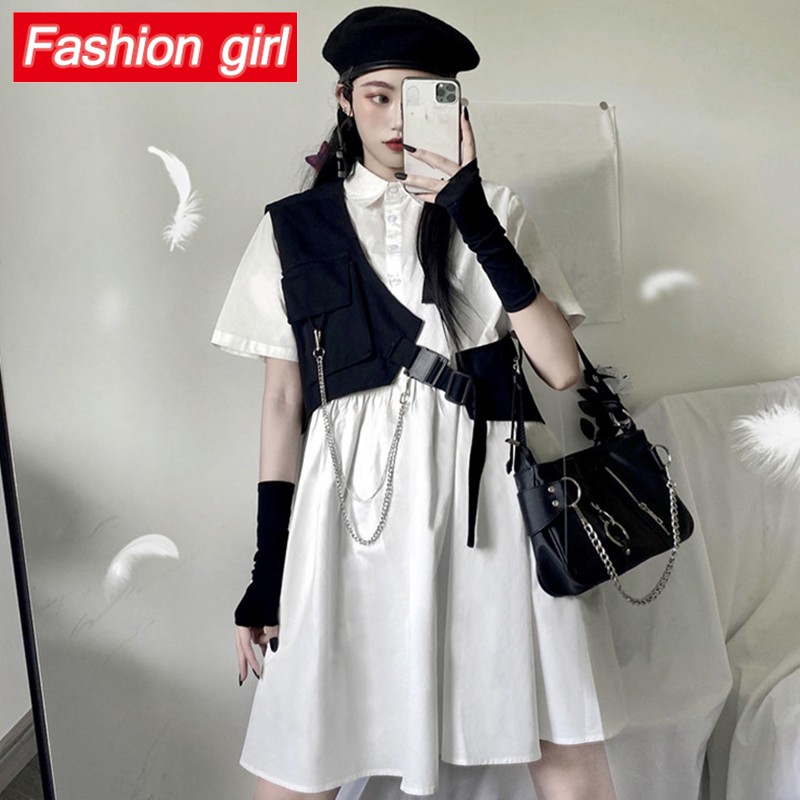 Set Đầm Sơ Mi Tay Lỡ Dáng Rộng Phối Áo Khoác Ghi Lê Túi Hộp Thời Trang Hàn Quốc